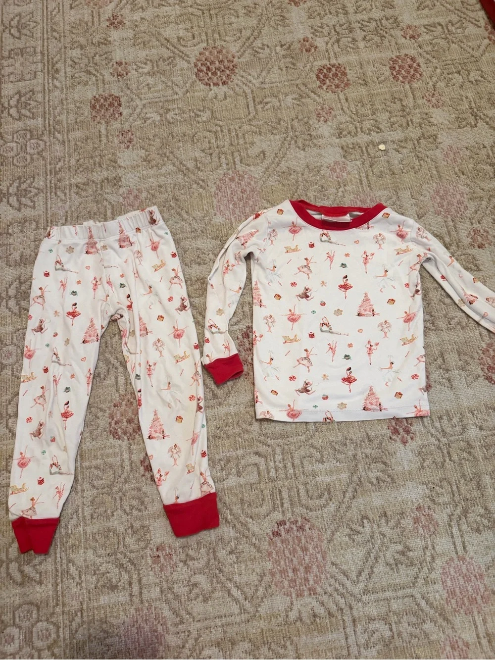 Girls' White Pajama Set with Red Trim and Ballet Print 4T